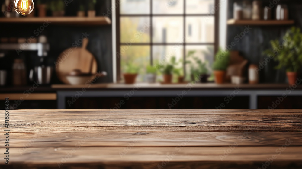 Empty wooden tabletop providing space for product placement with blurred modern kitchen in background Empty wooden tabletop providing space for product placement with blurred modern kitchen in background