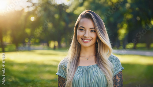 Young blond pretty smiling girl beauty female model  in the park. She has tattoos, she ist very modern. photo