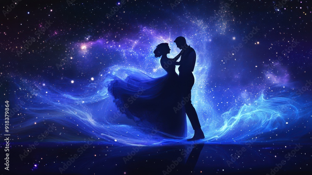 The elegant form of an ink drop creating the image of a romantic couple dancing under the stars, from romance novels. The elegant form of an ink drop creating the image of a romantic couple dancing under the stars, from romance novels.