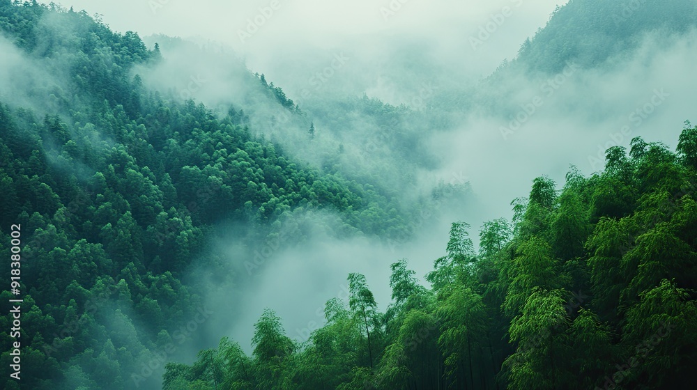 Ethereal view of a bamboo forest on a misty mountain, with vibrant green trees set against a transparent background. Ethereal view of a bamboo forest on a misty mountain, with vibrant green trees set against a transparent background.