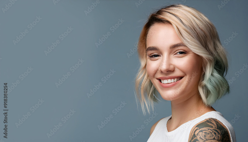 Young blond pretty smiling girl beauty female model with short colored hair