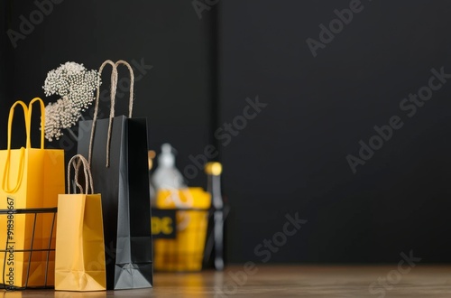 Colorful Shopping Bags and Cart on Dark Table With Accessories
