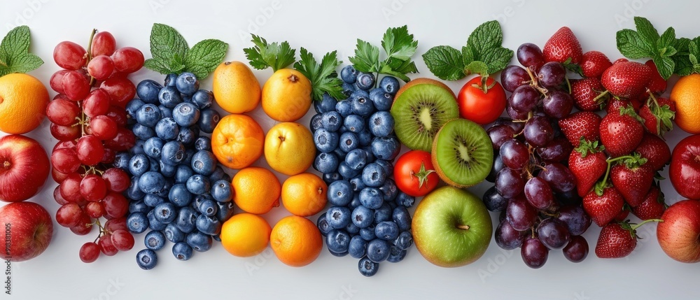 Fresh fruit and vegetable display, white background, natural lighting, ample copy space Fresh fruit and vegetable display, white background, natural lighting, ample copy space