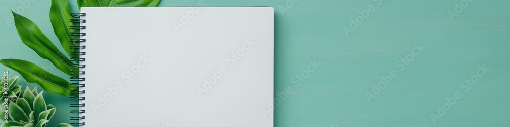 A bright horizontal background with green leaves and notebook open showing blank pages. A bright horizontal background with green leaves and notebook open showing blank pages.