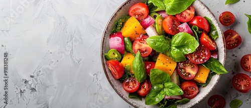 Fresh salad bowl with vegetables, white background, natural light, copy space