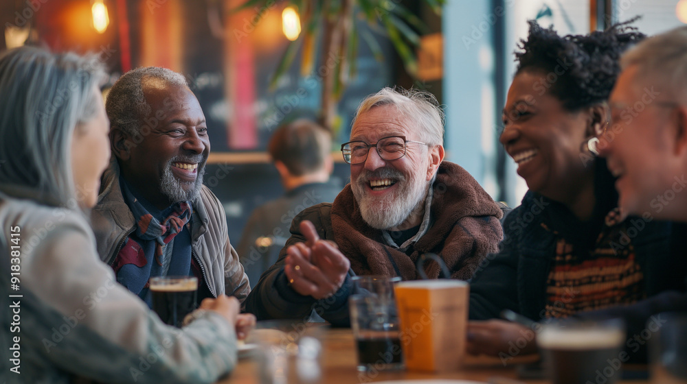 Joyful group of diverse seniors laughing at a cozy cafe Joyful group of diverse seniors laughing at a cozy cafe