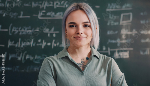 Young female tattooed teacher stands at the blackboard in front of the class  photo