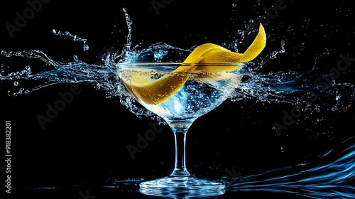 Lemon Twist in a Martini Glass with Splashing Water photo