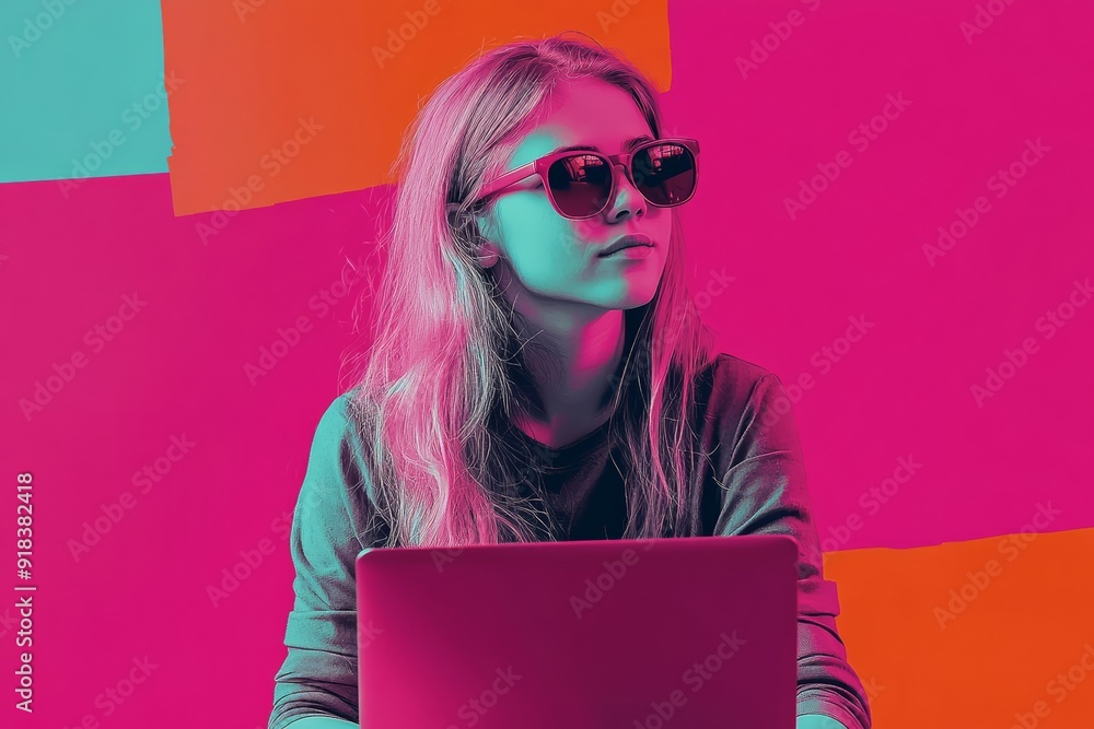 Back to School Advertising - Teenage Girl Wearing Sunglasses Focused on Laptop with Colorful Collage Background Back to School Advertising - Teenage Girl Wearing Sunglasses Focused on Laptop with Colorful Collage Background