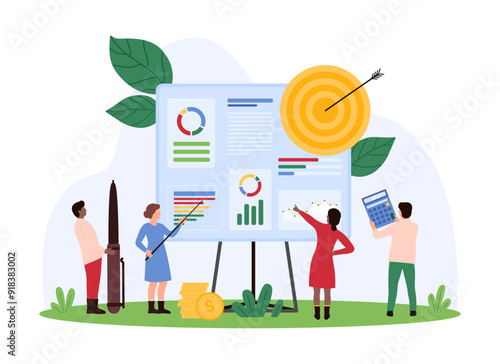 Business growth plan, effective financial strategy of company analysis on team meeting. Tiny people with pen and calculator work with infographic data reports on board cartoon vector illustration