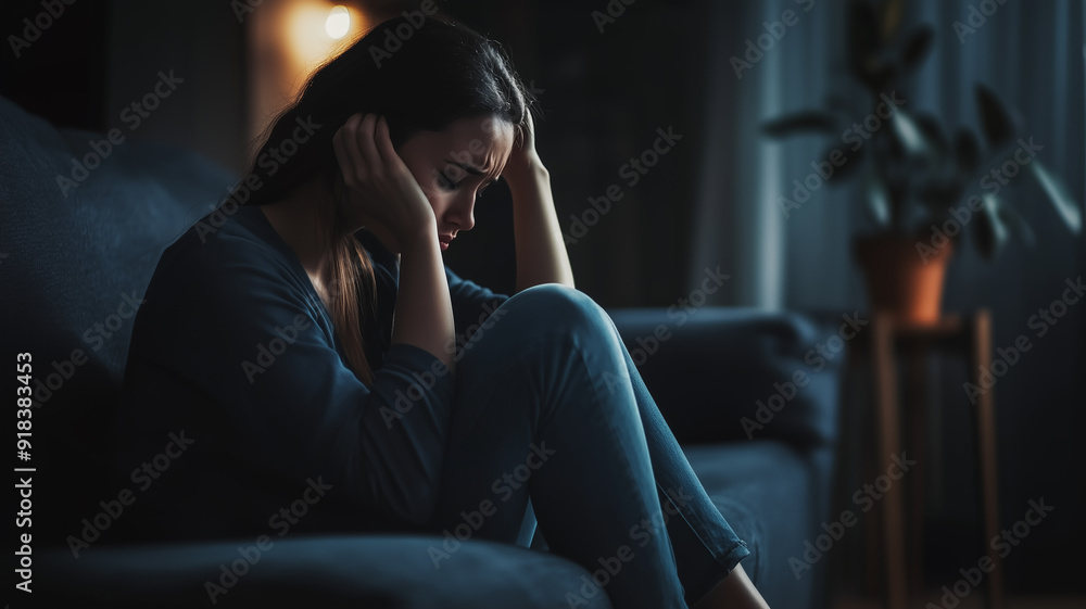 Fototapeta premium Depressed woman sitting against on the sofa at home with dark room feeling miserable