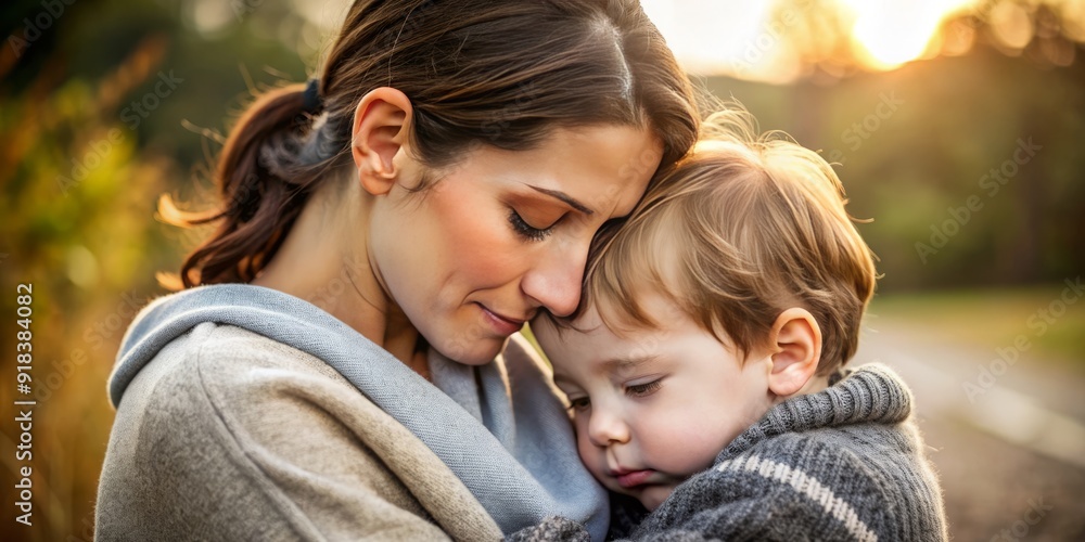 Obraz premium A tender moment of maternal love, a comforting embrace wraps around a tearful little boy's tiny frame, soothing his sorrow and calming his fears.
