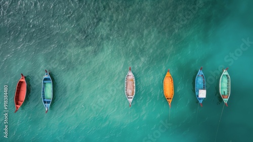 Colorful Fishing Boats Anchored in Clear Ocean Water