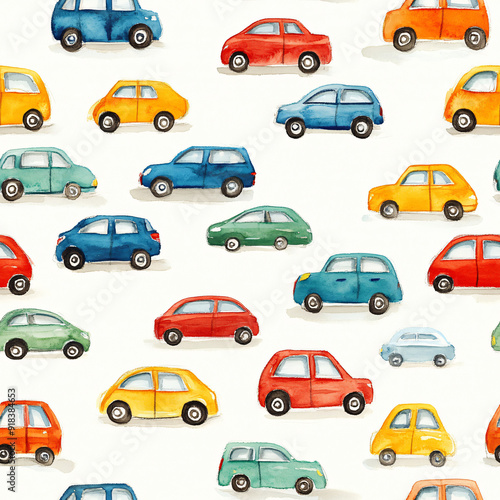 cars pattern, water color style (seamless, repeatable, tile)