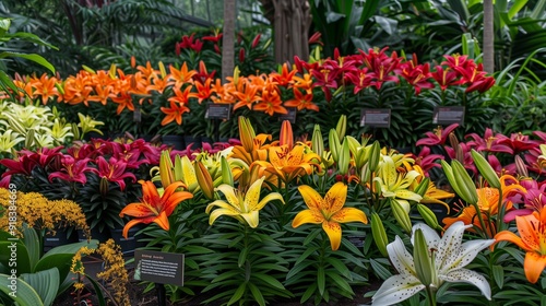 Wallpaper Mural A botanical garden featuring a variety of lily species, each with unique colors and patterns, displayed in carefully curated beds with informative signage. Torontodigital.ca