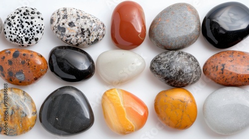 Colorful Variety of Polished Stones Displayed in a Row on a White Surface