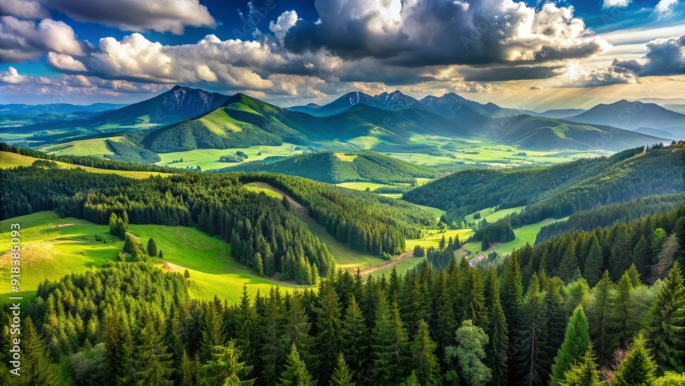 Breathtaking panoramic view of the picturesque Low Tatras mountains in Slovakia, with lush green forests and rolling hills stretching towards the horizon from Chopok peak. Breathtaking panoramic view of the picturesque Low Tatras mountains in Slovakia, with lush green forests and rolling hills stretching towards the horizon from Chopok peak.