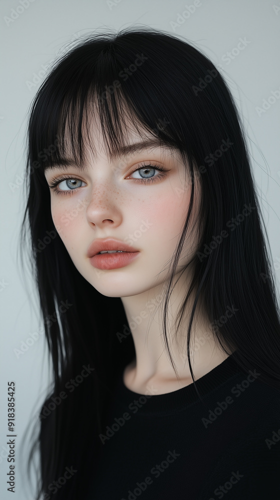 Portrait of a young woman with dark hair and bangs wearing a black shirt in a studio setting Portrait of a young woman with dark hair and bangs wearing a black shirt in a studio setting