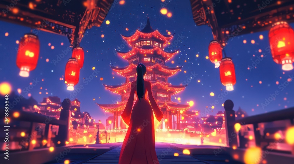Enchanted cartoon woman glowing with mystical energy standing under a Chinese pagoda Enchanted cartoon woman glowing with mystical energy standing under a Chinese pagoda