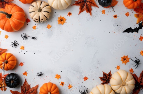 Autumn Decoration With Pumpkins, Leaves, and Spiders for Halloween