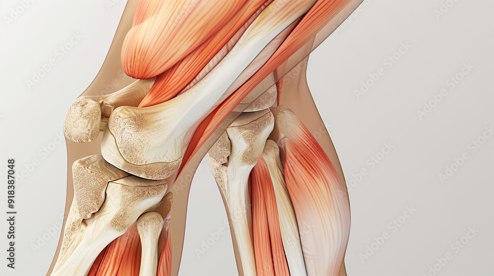 Detailed anatomical illustration of knee joint with muscles and bones, medical study concept Detailed anatomical illustration of knee joint with muscles and bones, medical study concept
