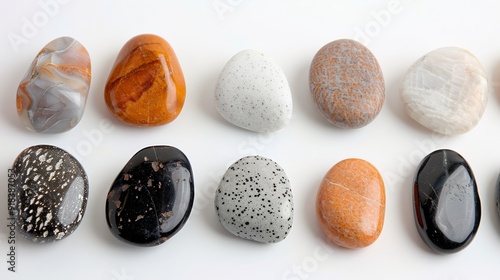 Colorful Variety of Polished Stones Displayed in a Row on a White Surface