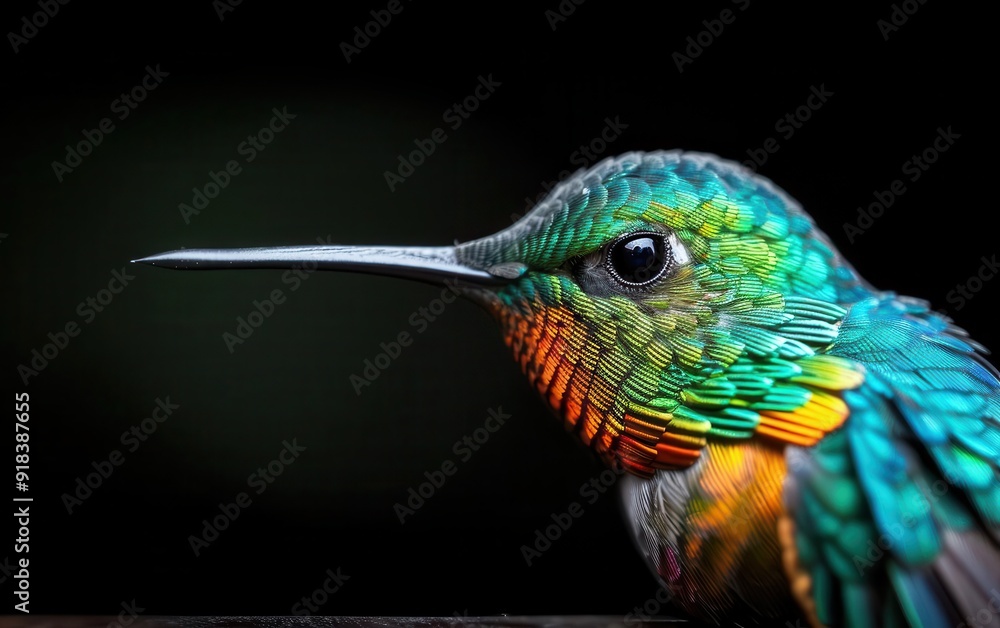 Obraz premium Closeup of a hummingbirds feathers, iridescent colors, detailed texture