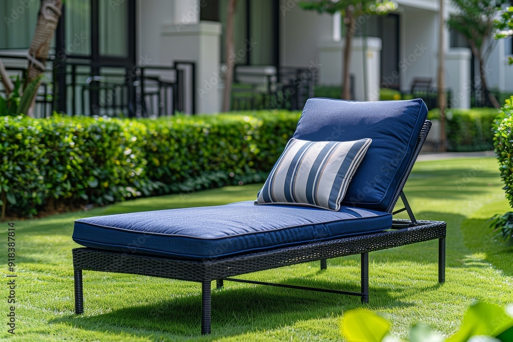 Blue and white outdoor sunbed with a striped pillow on the lawn of an apartment complex in Thailand, captured in professional photography style. Blue and white outdoor sunbed with a striped pillow on the lawn of an apartment complex in Thailand, captured in professional photography style.