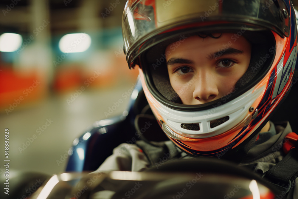 Young Racer in Helmet Focused on GoKart Racing Action in Indoor Track Young Racer in Helmet Focused on GoKart Racing Action in Indoor Track