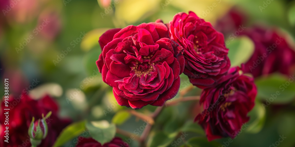 CloseUp of Vibrant Red Roses in Bloom with Green Foliage in the Background CloseUp of Vibrant Red Roses in Bloom with Green Foliage in the Background