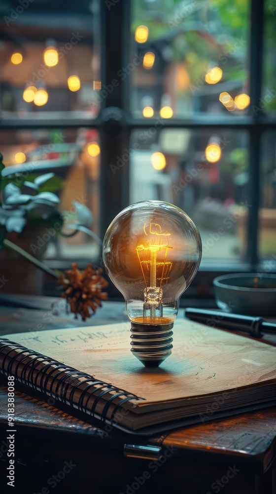 A glowing light bulb on a notebook surrounded by greenery, representing creativity and inspiration in a cozy atmosphere. A glowing light bulb on a notebook surrounded by greenery, representing creativity and inspiration in a cozy atmosphere.
