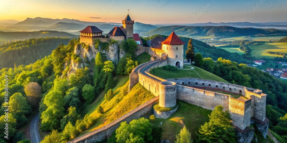 Obraz premium Historic fortification on Zamkova Hill, 270m above sea level, features ancient stone walls, towers, and battlements, surrounded by lush greenery and scenic views.
