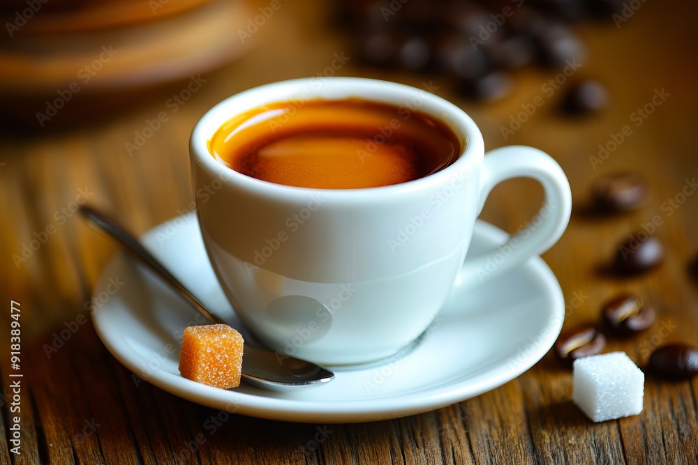 A cup of coffee on a saucer with a spoon and sugar cubes A cup of coffee on a saucer with a spoon and sugar cubes