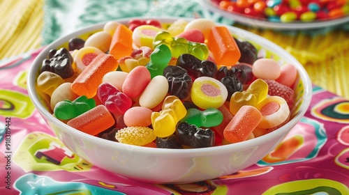 A bowl filled with an assortment of colorful candies, including gummy bears, jelly beans, and hard candies, set on a bright, playful tablecloth.