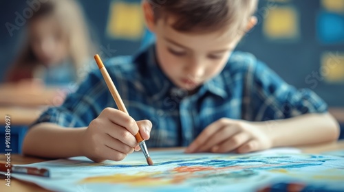 Wallpaper Mural Cute child drawing happily on white desk Surrounded by many colored pencils With a small dog sitting nearby as a friend. On a clean light blue background, wide angle Torontodigital.ca