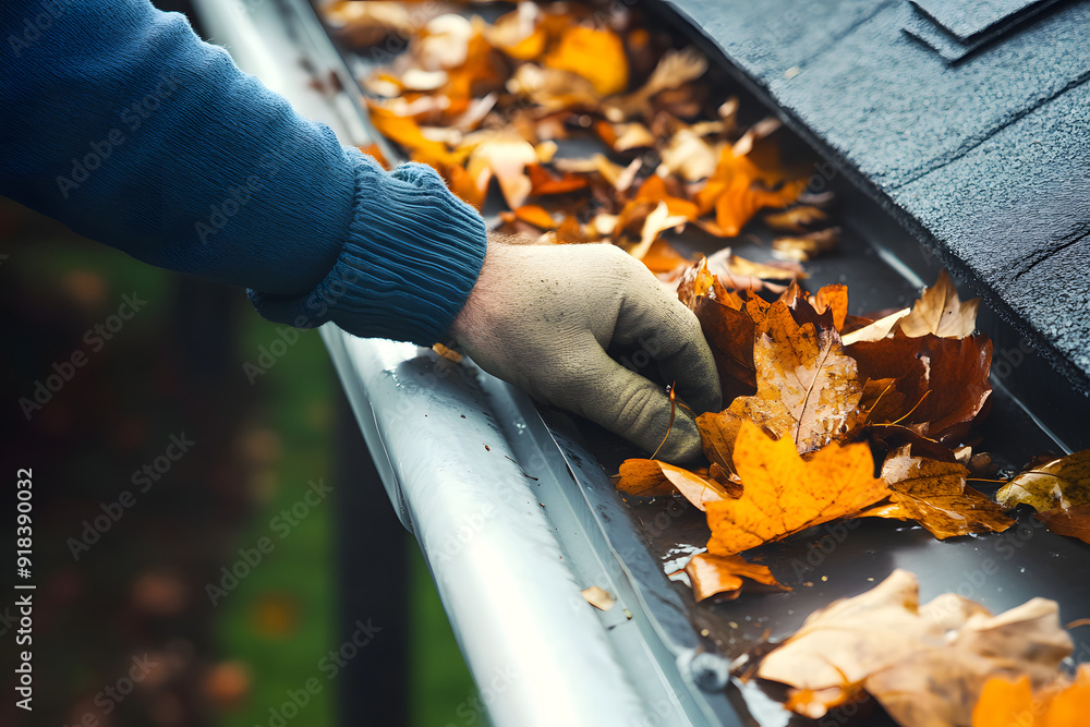 A man's hand cleaning leaves in a rain gutter on a roof, cleaning dirty gutters. High quality generative ai A man's hand cleaning leaves in a rain gutter on a roof, cleaning dirty gutters. High quality generative ai