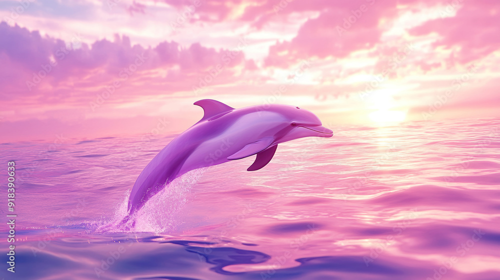 Fototapeta premium A realistic, three-dimensional artwork of a dolphin set against a stunning pink sky and ocean.