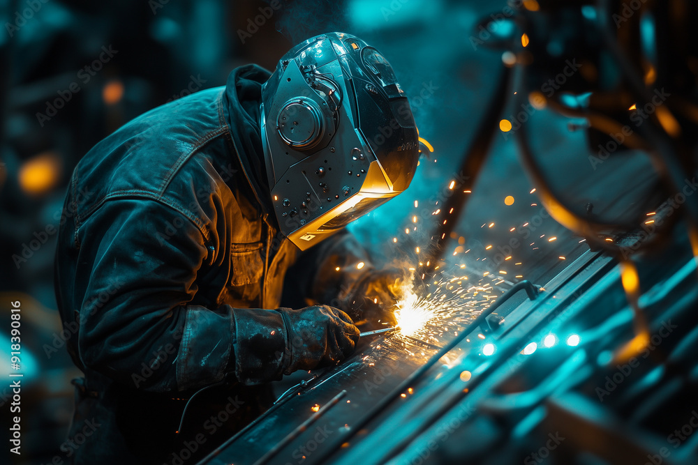 Close up shot arc welder with welding helmet ,hard hat, gloves and protection suit, Worker in Construction site.
Close up shot arc welder with welding helmet ,hard hat, gloves and protection suit, Worker in Construction site.