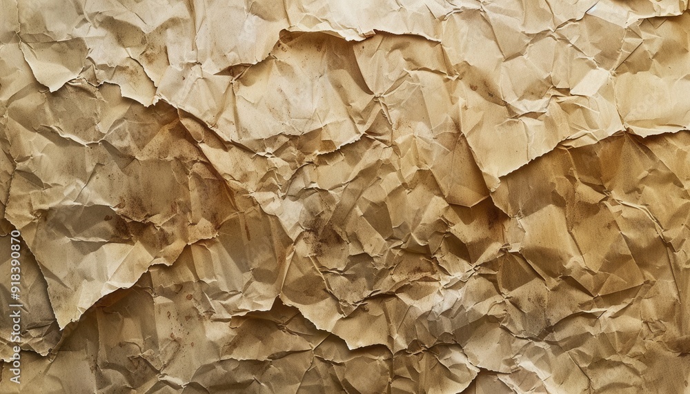 Crumpled brown paper texture displayed in natural light, showcasing intricate folds and shadows Crumpled brown paper texture displayed in natural light, showcasing intricate folds and shadows