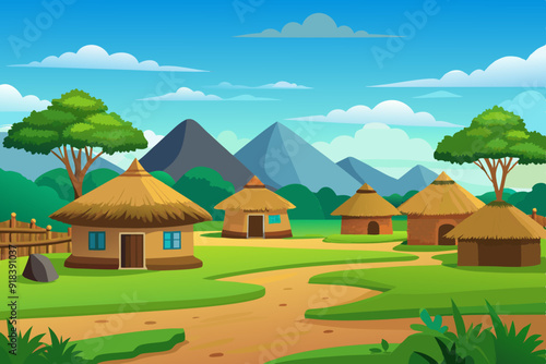Vector illustration of countryside surrounded by green meadows and trees