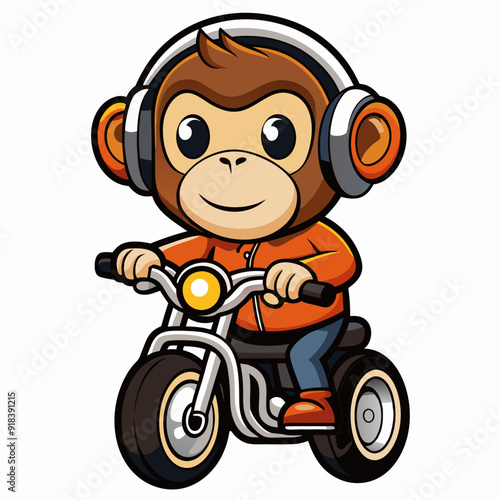 Monkey rides a motorcycle and listens to music with headphones white background