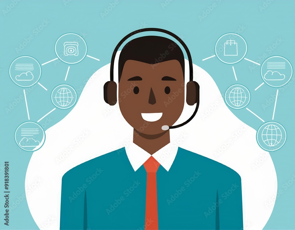 Dispatcher with headphone, round icon. Telephone operator in a jacket. Concept of call center or support. Dispatcher with headphone, round icon. Telephone operator in a jacket. Concept of call center or support.