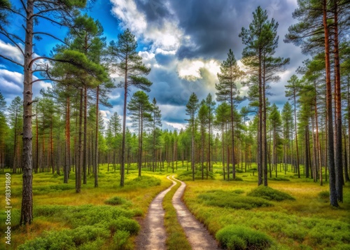 Serene Kurtuvenai regional park on a cloudy summer day, featuring a dense pine tree forest with a winding footpath, moss-covered soil, and scattered grass and trees. photo