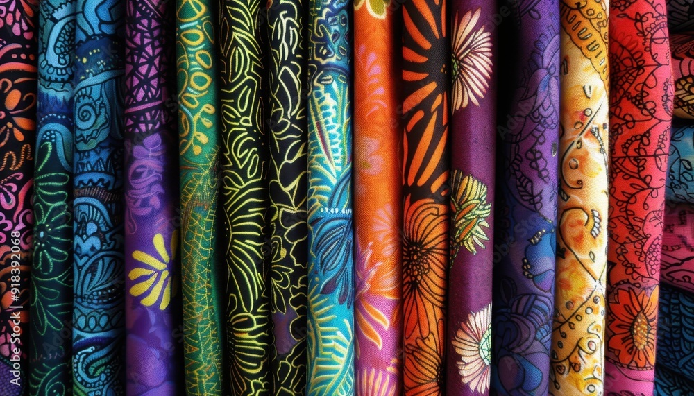 Colorful patterned fabrics hanging in a row at a market stall during a bright day Colorful patterned fabrics hanging in a row at a market stall during a bright day
