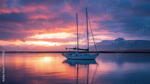 Breathtaking polar stratospheric clouds hovering over Iceland, with a white yacht creating a striking contrast against the colorful sky. photo