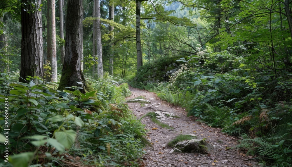 A winding dirt path through a lush forest in the early morning light with vibrant greenery and gentle sunlight filtering through the trees A winding dirt path through a lush forest in the early morning light with vibrant greenery and gentle sunlight filtering through the trees
