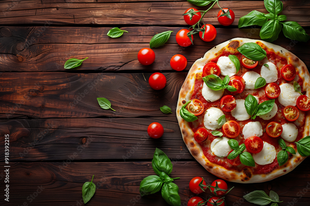 Italian pizza with mozzarella, cherry tomatoes and basil on a dark wooden background. Italian pizza with mozzarella, cherry tomatoes and basil on a dark wooden background.