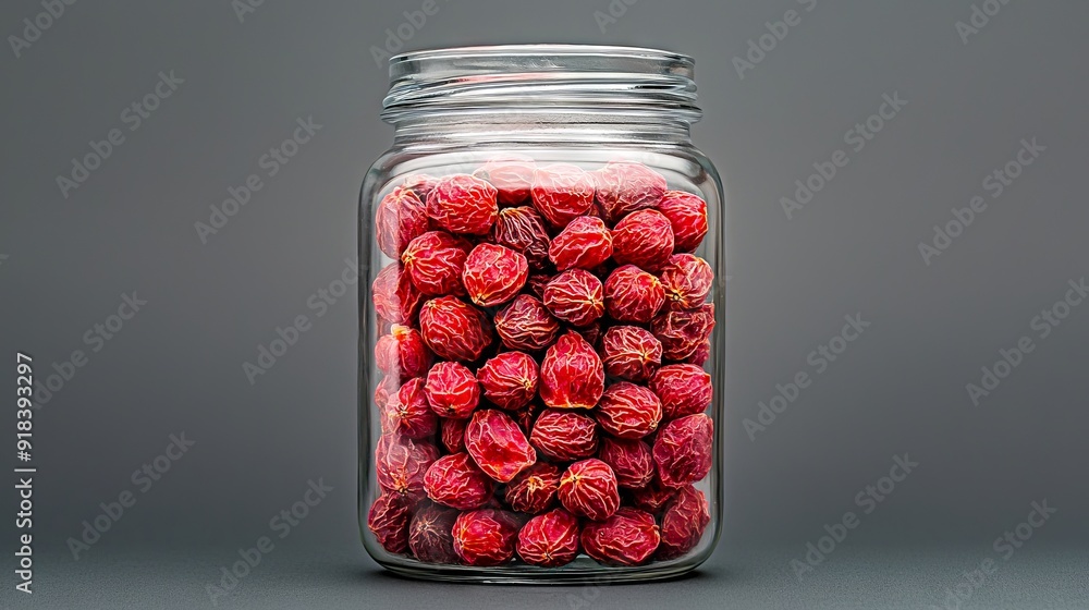 A glass jar filled with red goji berries on a gray surface A glass jar filled with red goji berries on a gray surface