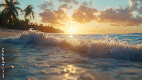 The sea coast on a desert island, tall palm trees in the background, the arriving wave rolls onto the sand creating a sea breeze, soft bokeh.