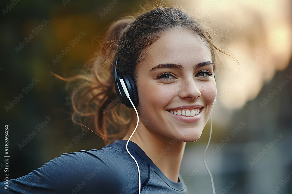 Woman, portrait and earphones for fitness, exercise and wellness with music while running outdoor. Athlete, happy and listening to radio track for training, performance and motivation with smile Woman, portrait and earphones for fitness, exercise and wellness with music while running outdoor. Athlete, happy and listening to radio track for training, performance and motivation with smile